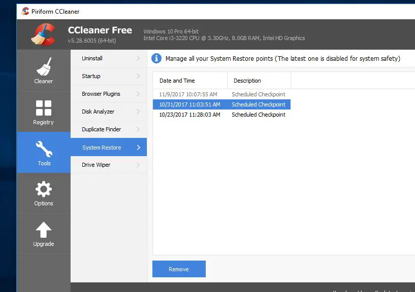 Delete System Restore point using CCleaner
