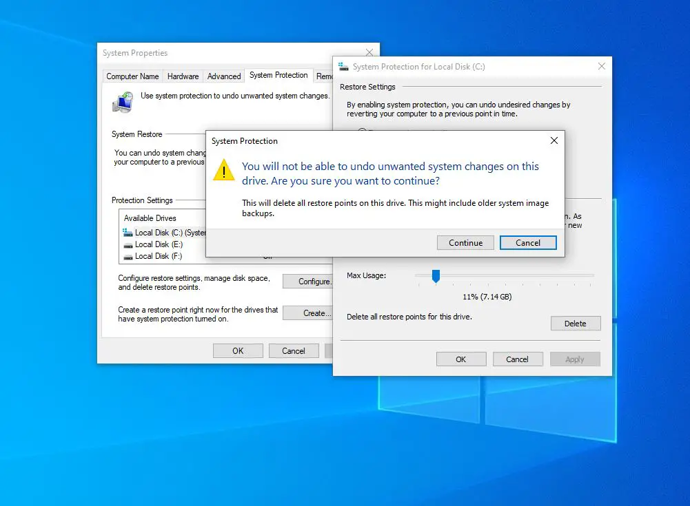Delete System restore point windows 10
