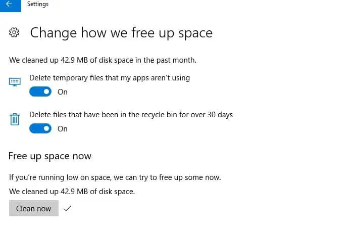windows 10 storage sense to clean up temp files