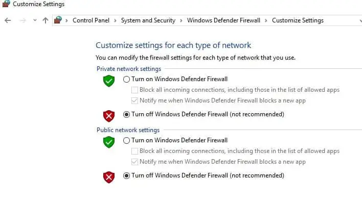 Turn off windows Defender firewall
