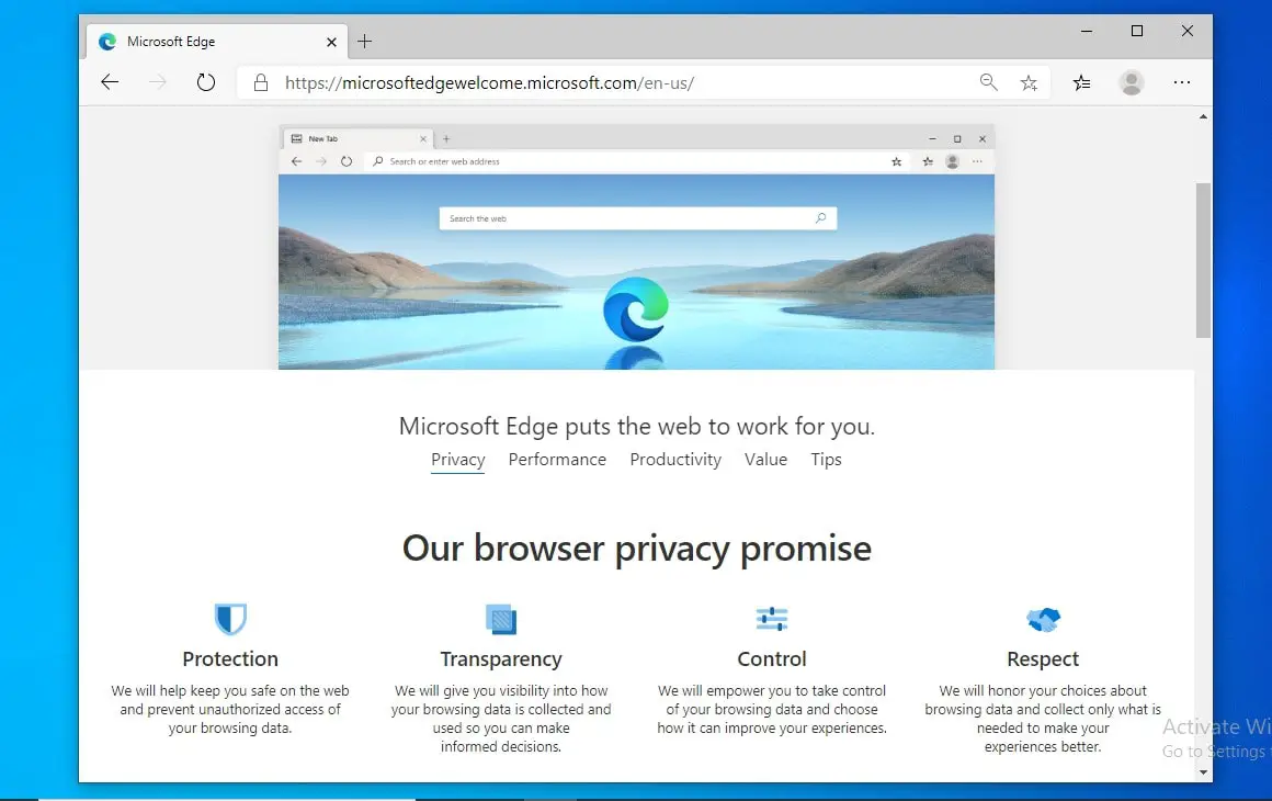 New Microsoft edge welcome