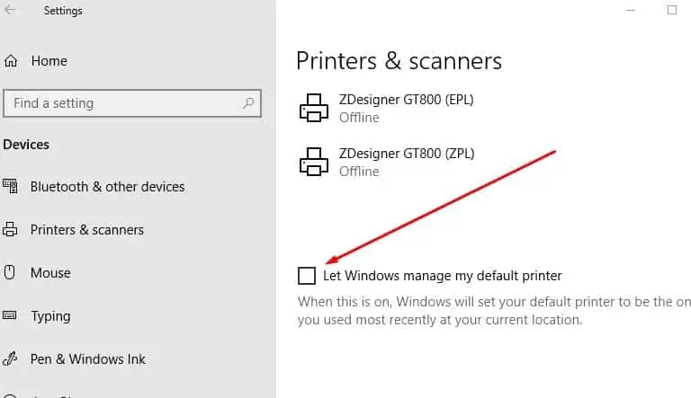 Disable Windows 10's ability to manage your printer automatically.