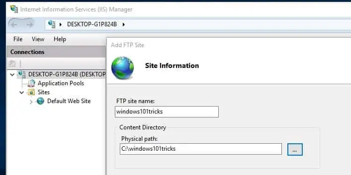 Đặt tên cho máy chủ FTP và chọn đường dẫn vật lý