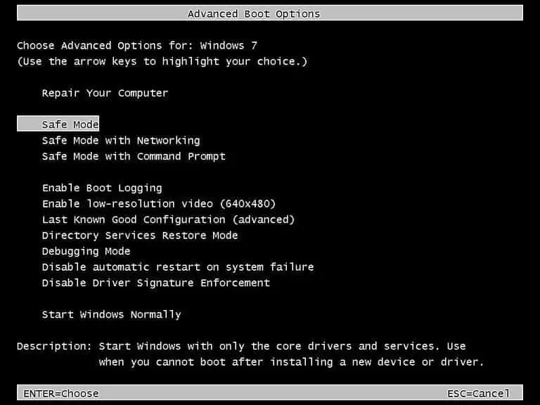 Option zum Starten von Windows 7 im abgesicherten Modus