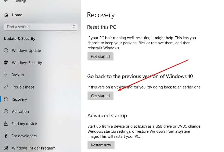how to reverse an update on windows 10