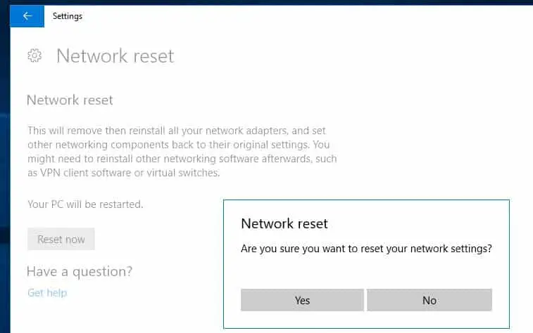 network Reset confirm