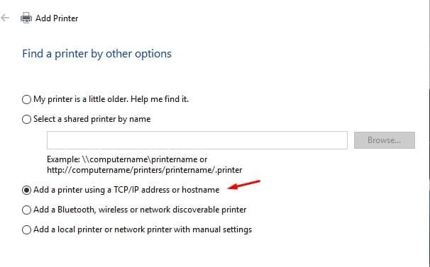 Add printer using TCP IP address