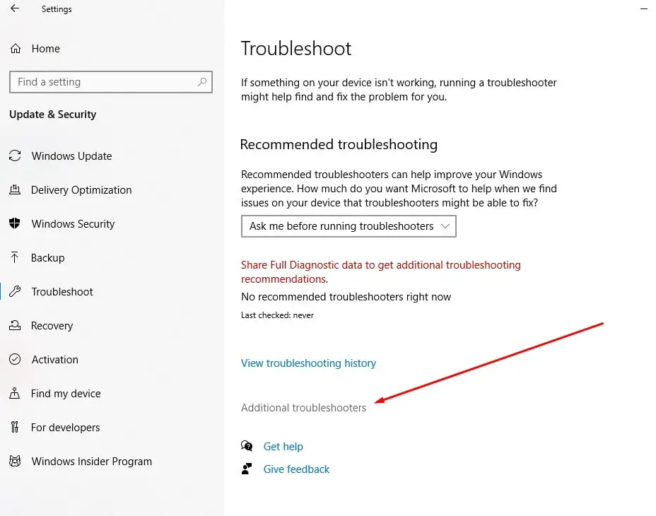 Click Additional troubleshooters