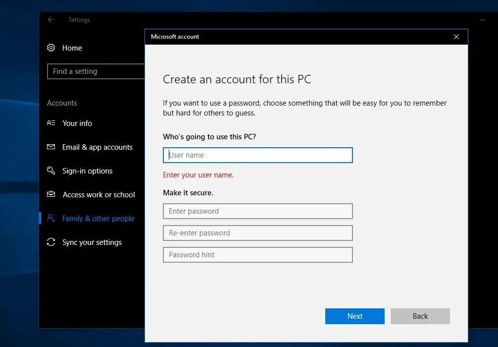 Create user account without Microsoft account
