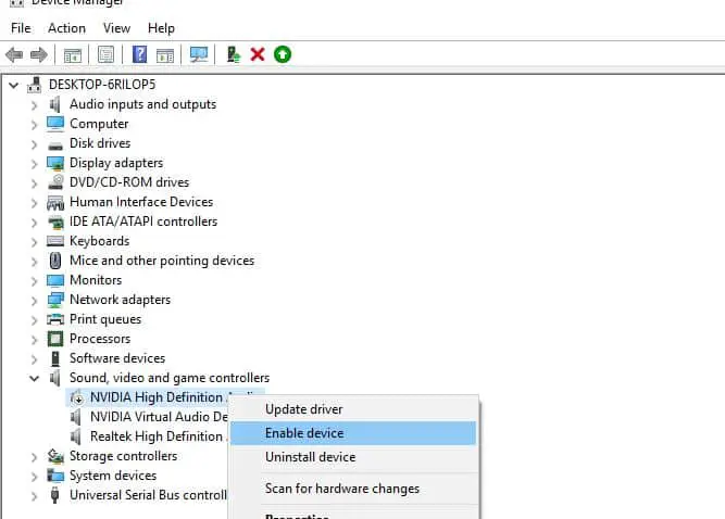 Enabling audio device in device manager