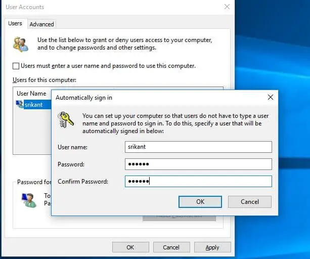 Windows-Benutzerkonto für die automatische Anmeldung