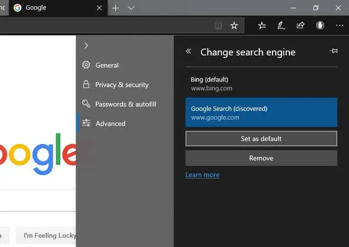 Change the default search engine in Microsoft Edge