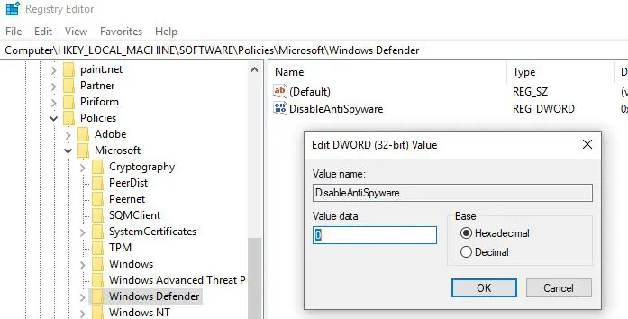Deaktivieren Sie es in der Windows Defender-Registrierung