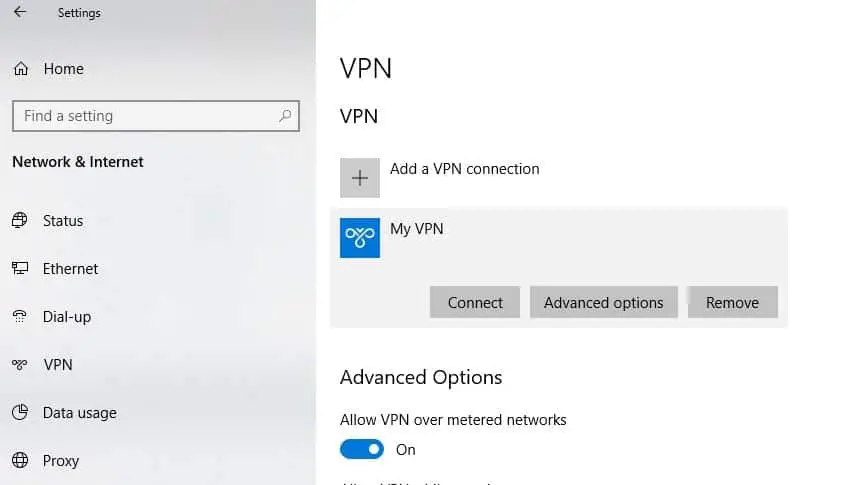 VPN options windows 10