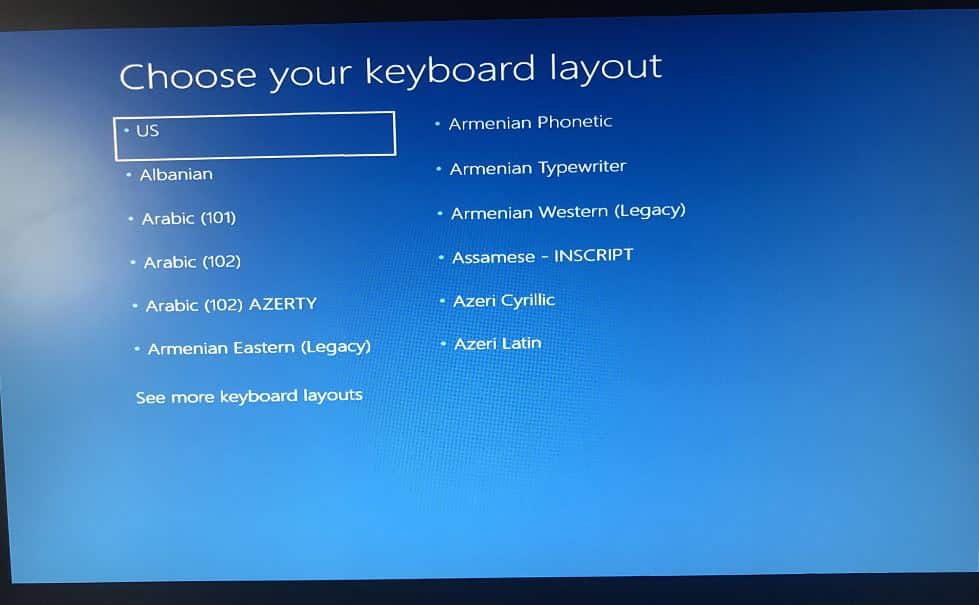 windows 10 boots to choose your keyboard layout