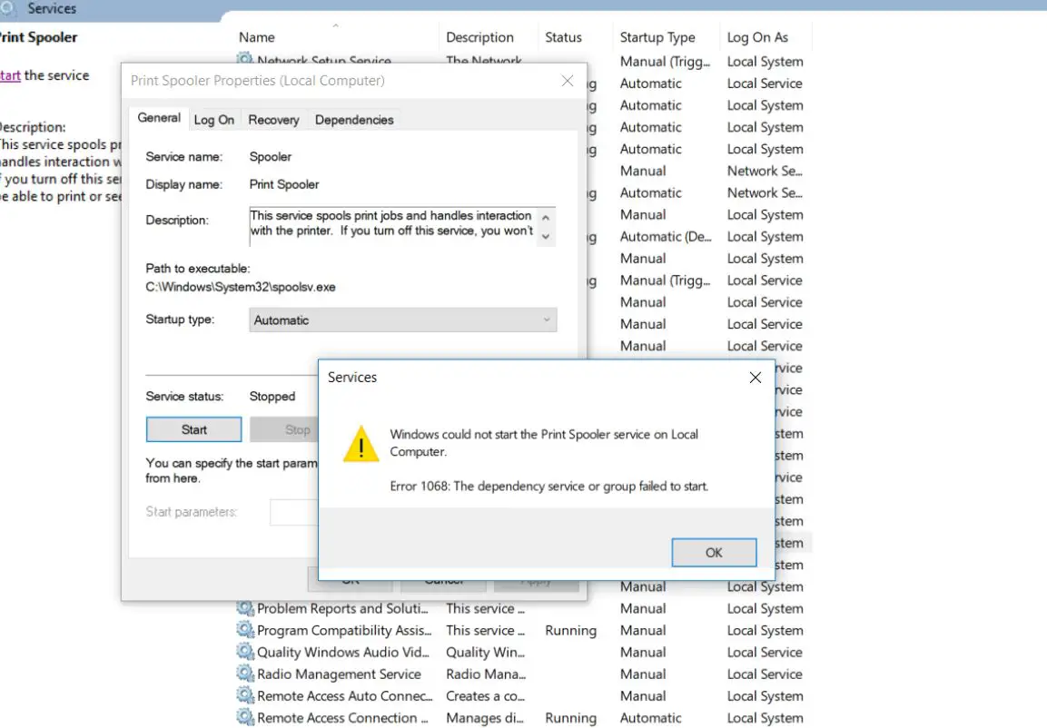 errore di Windows Vista Windows 1068 spooler stampante