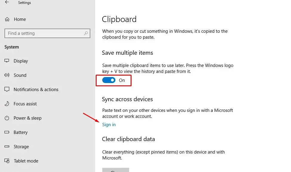 enable Cloud Clipboard feature on windows 10