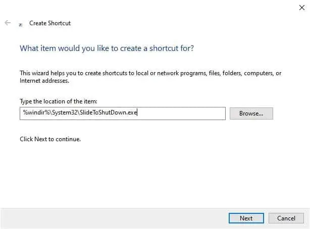 select slide to shutdown path on shortcut