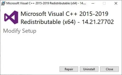 Repair Visual C++ Redistributable