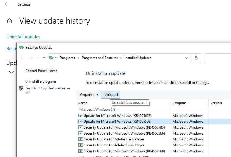 Deinstallieren Sie das Windows 10-Update