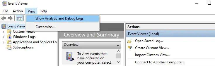 Event viewer Show Analytic and Debug Logs