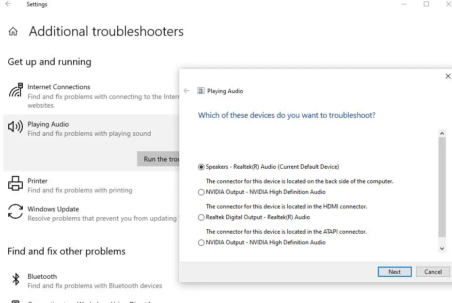 playing audio troubleshooter