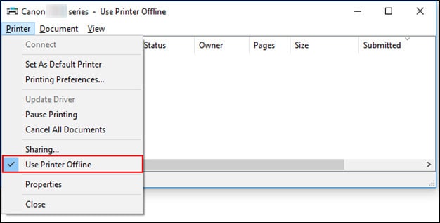 uncheck use printer offline