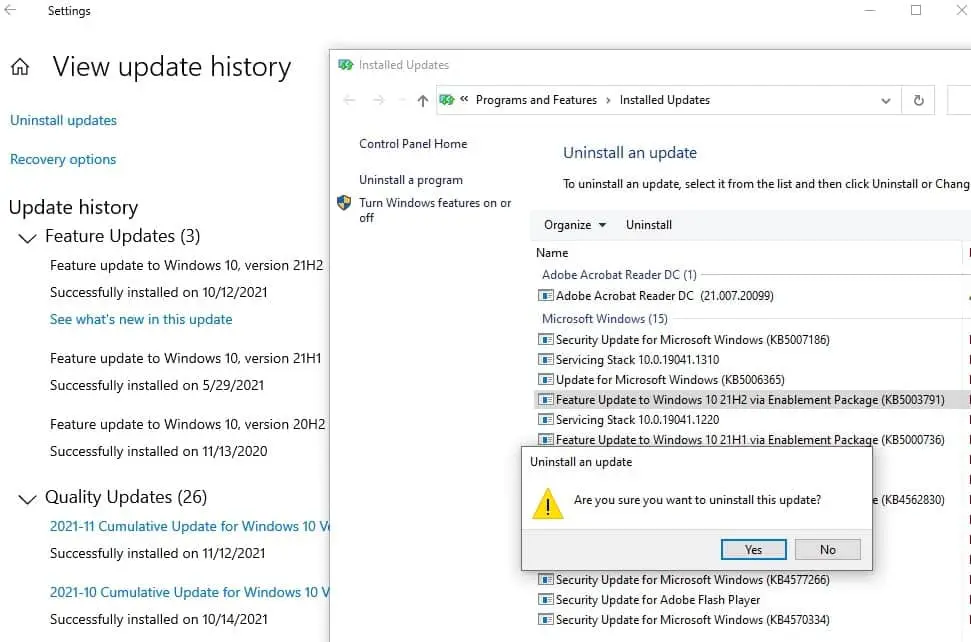 Deinstallieren Sie das Windows 10 21H2-Update