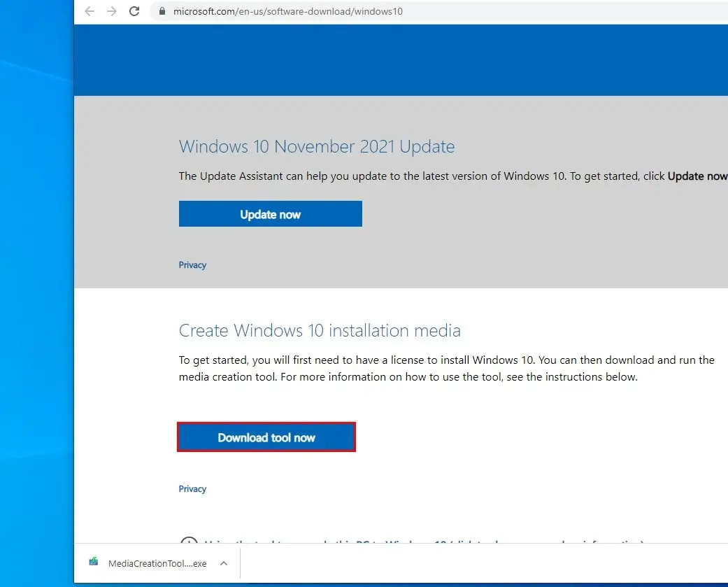 Windows 10 21H2 Media creation tool