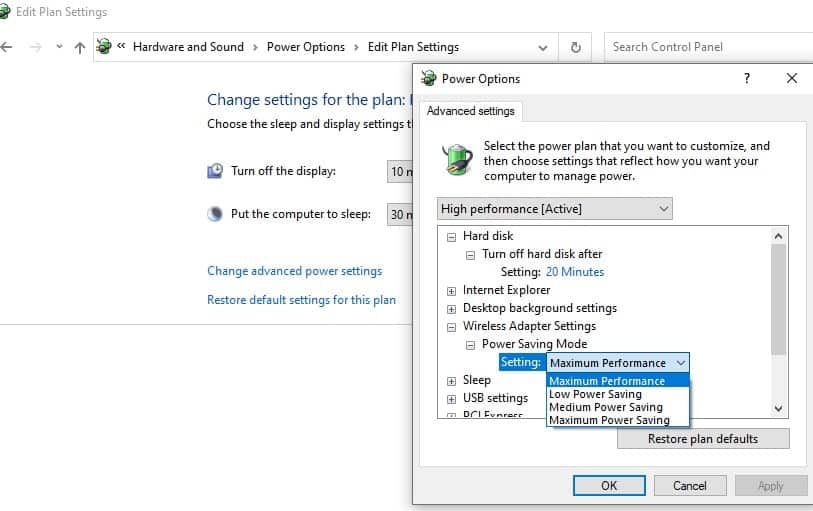 Change Power Options network adapter
