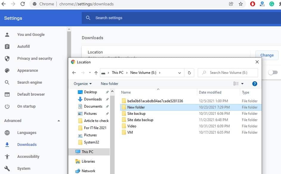 change chrome downloads folder