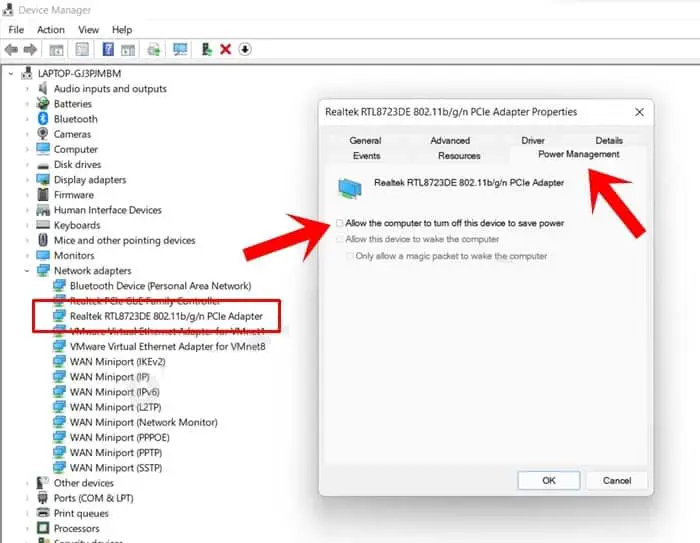 Change Network Adapter’s Power Management Settings