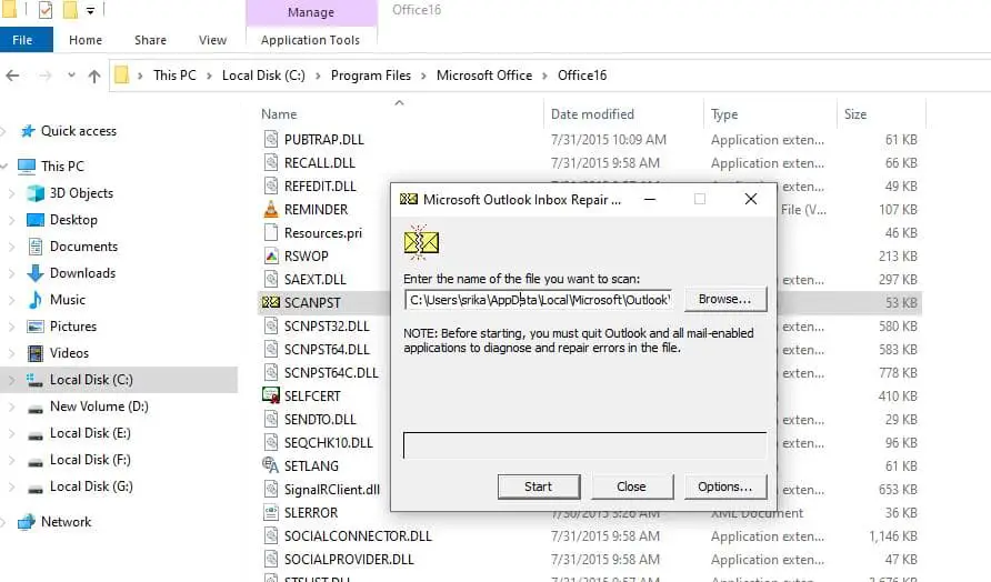 Repair outlook pst file to fix outlook data file cannot be accessed error