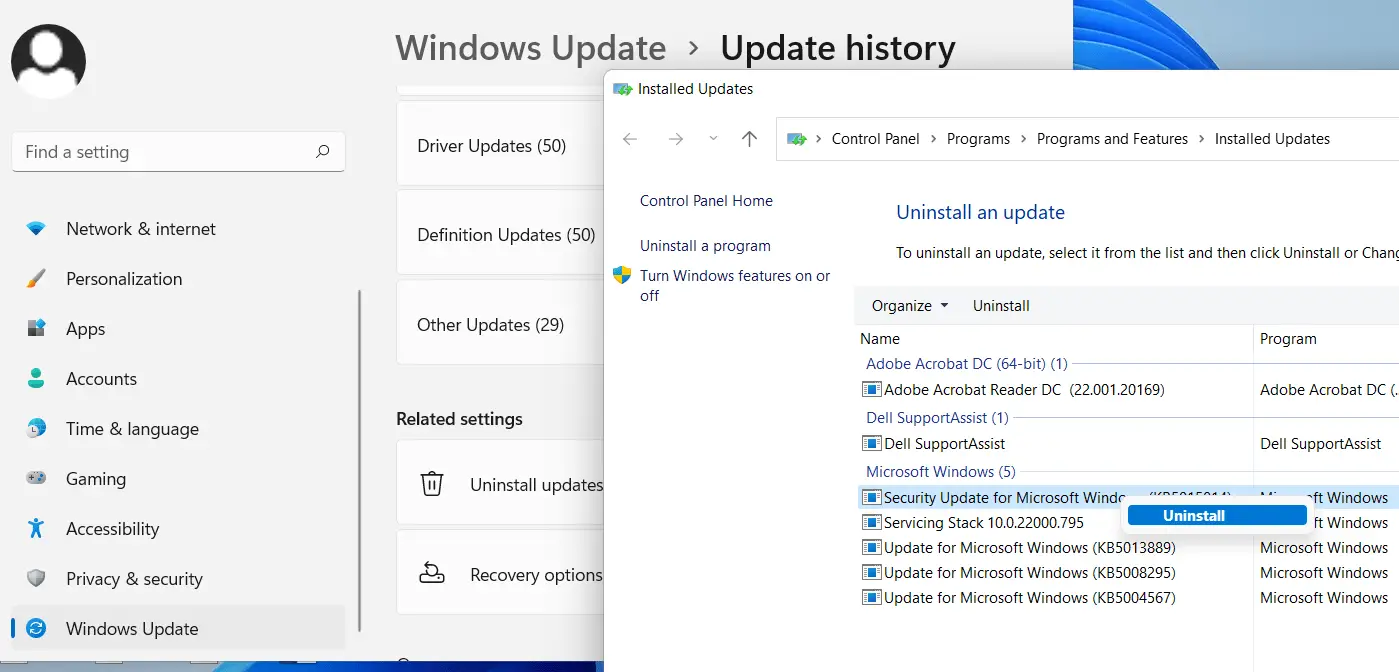 uninstall windows 11 updates