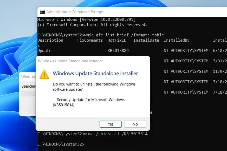 uninstall windows update using command prompt