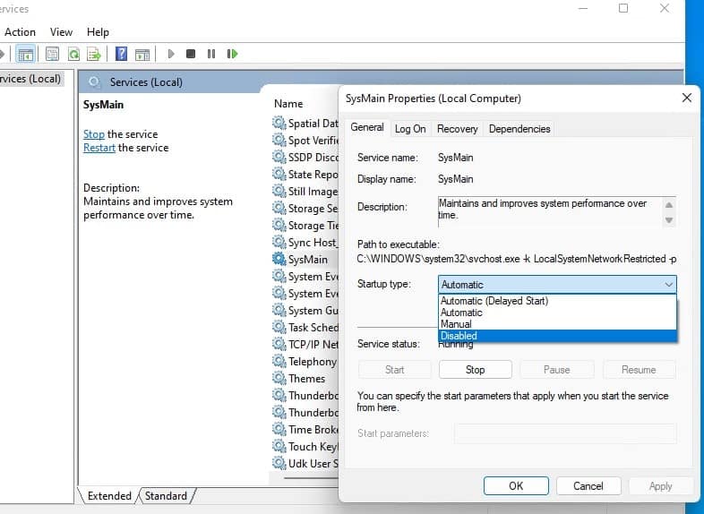 Отключите службу sysmain