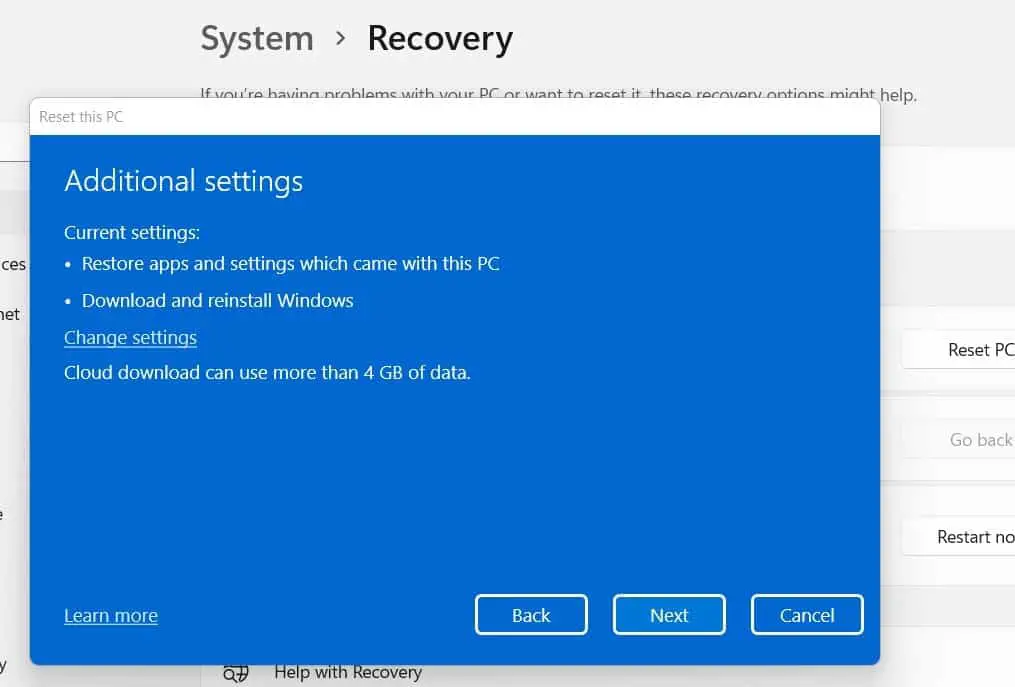 Reset This PC additional settings