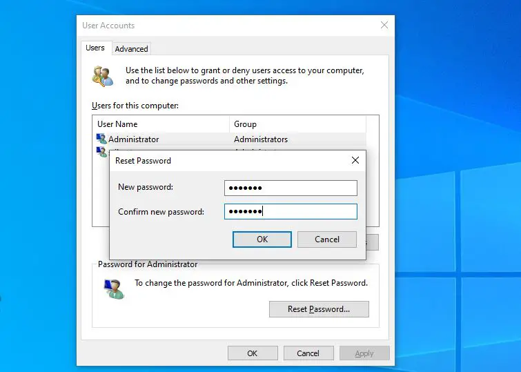 Reset password from user accounts