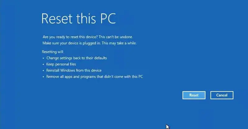 Reset this PC screen