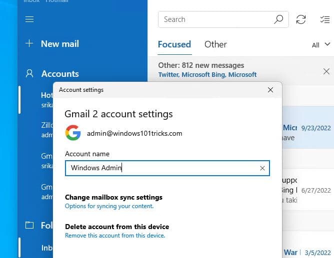 Remove account from mail app