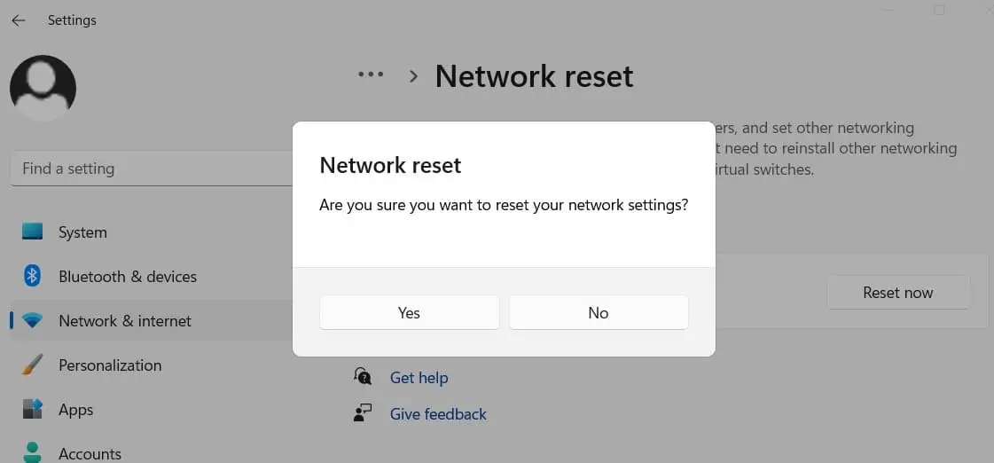 Confirm network reset