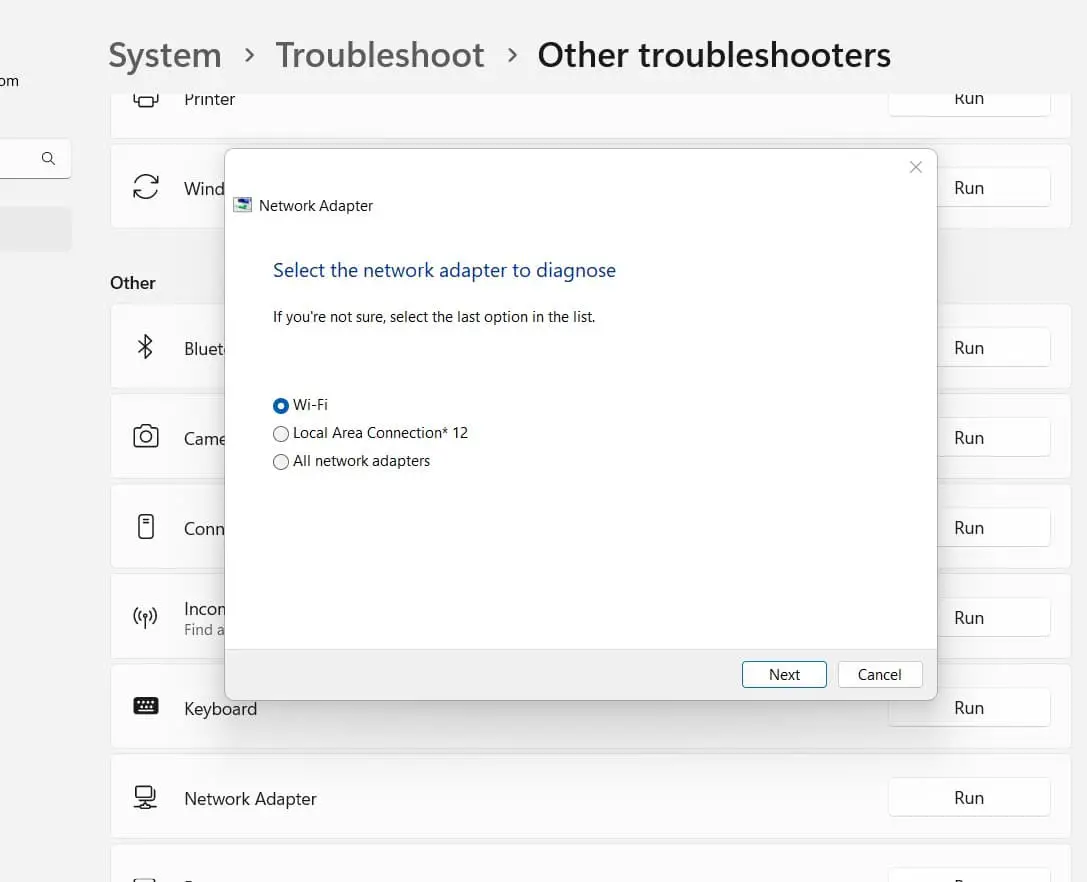 Network adapter troubleshooter