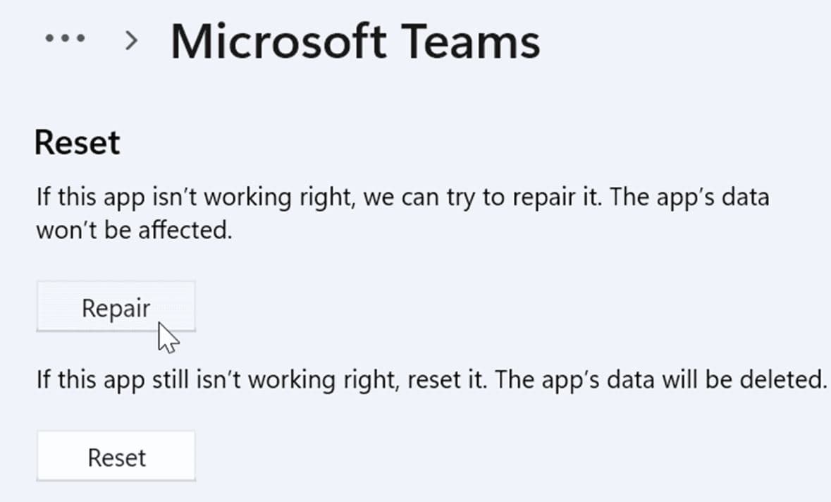 Repair Microsoft Teams