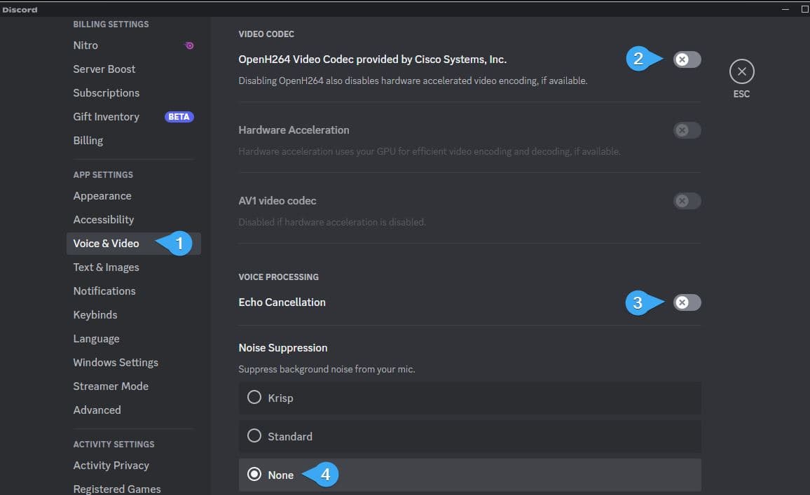 Отключите голосовые настройки Discord