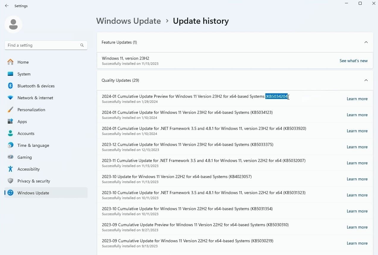 Note down problematic Windows update KB number