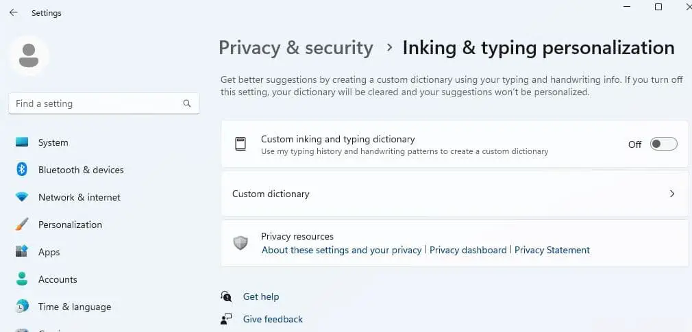 Disable inking & typing personalization