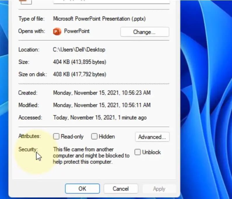 Unblock PPT file windows 11