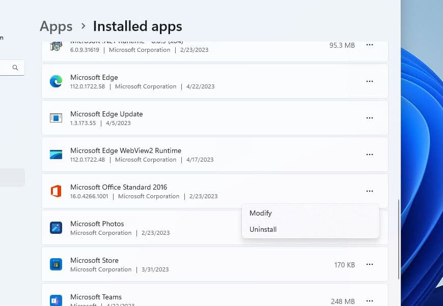Uninstall Microsoft office app