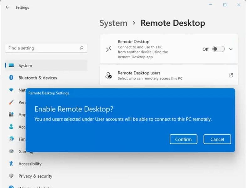 Enable remote desktop on windows 11 settings