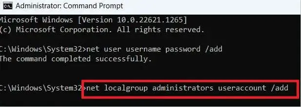 Command to add user account on windows 11